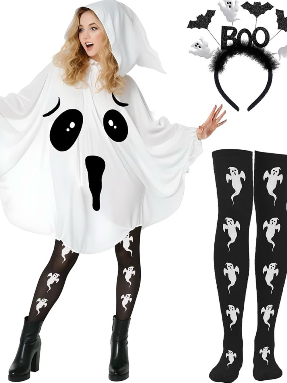 NWT Ghost Halloween Costume Adult Medium/Large w/ Headband & Ghost Tights 3-Piec